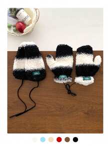 Thermal Lined Striped Fingerless Gloves With Ear Muffs, Warm And Cute Winter Set For Girls Plush Striped Fingerless Gloves With Ear Muffs, Warm And Fashionable Winter Set - Lambswool-lined Gloves - View 2