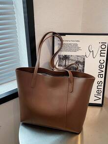 1 szt. Damska torba na ramię z jednolitego koloru PU, warstwa środkowa, duża pojemność, odpowiednia na wyjścia, zakupy, randki, prezenty - Rdzawy brązowy - Zobacz 6