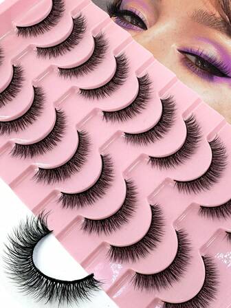 10 Pairs Natural Short D-Curl Fluffy Russian Faux Mink Lashes 3D Thick Wispy Cat Eye False Eyelashes Makeup Lash Extension Kit, Reusable For Party, Wedding