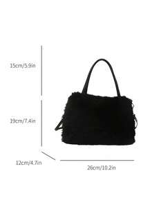 Fashion Plush Horizontal Square Fur Bag, Urban Simple Magnetic Buckle Open Large Capacity Daily Hand Bag Crossbody Bag , Old Money - Black - View 9