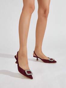 女士尖头蝴蝶结透气凉鞋，小猫跟套脚穆勒鞋，带后跟带 - 酒紅色 - 查看 3