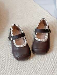 2025 Christmas & New Year Gift, 3-12 Years Old Girls, Dark Brown & White Wavy Lace, PU Leather Anti-Slip, Metal Buckle Low-Top Closed Toe Flats, Retro Sweet Princess Shoes, Suitable For Daily Wear, School Activities, Best Seller