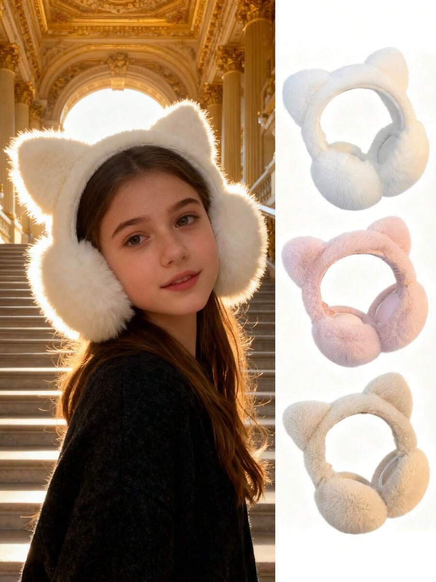 舒适可爱的猫耳耳罩，女孩款 - 柔软涤纶材质，秋冬时尚必备