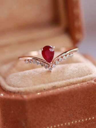 1 pieza Anillo de plata esterlina S925 con piedra roja en forma de lágrima y diseño de corona en forma de V, elegante y vintage, versátil para uso diario, vacaciones, fiestas, como regalo de joyería para mujeres