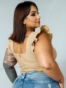 Women's Summer Plus Size Cropped Blouse With Ruffled Sleeves, Button Detail, Back Zipper, Curve Look, Sizes 44 To 54 - Beis - Ver 2