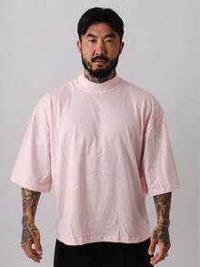 Premium High Neck Over Boxy T-Shirt - Rosa Pálido - Ver 1