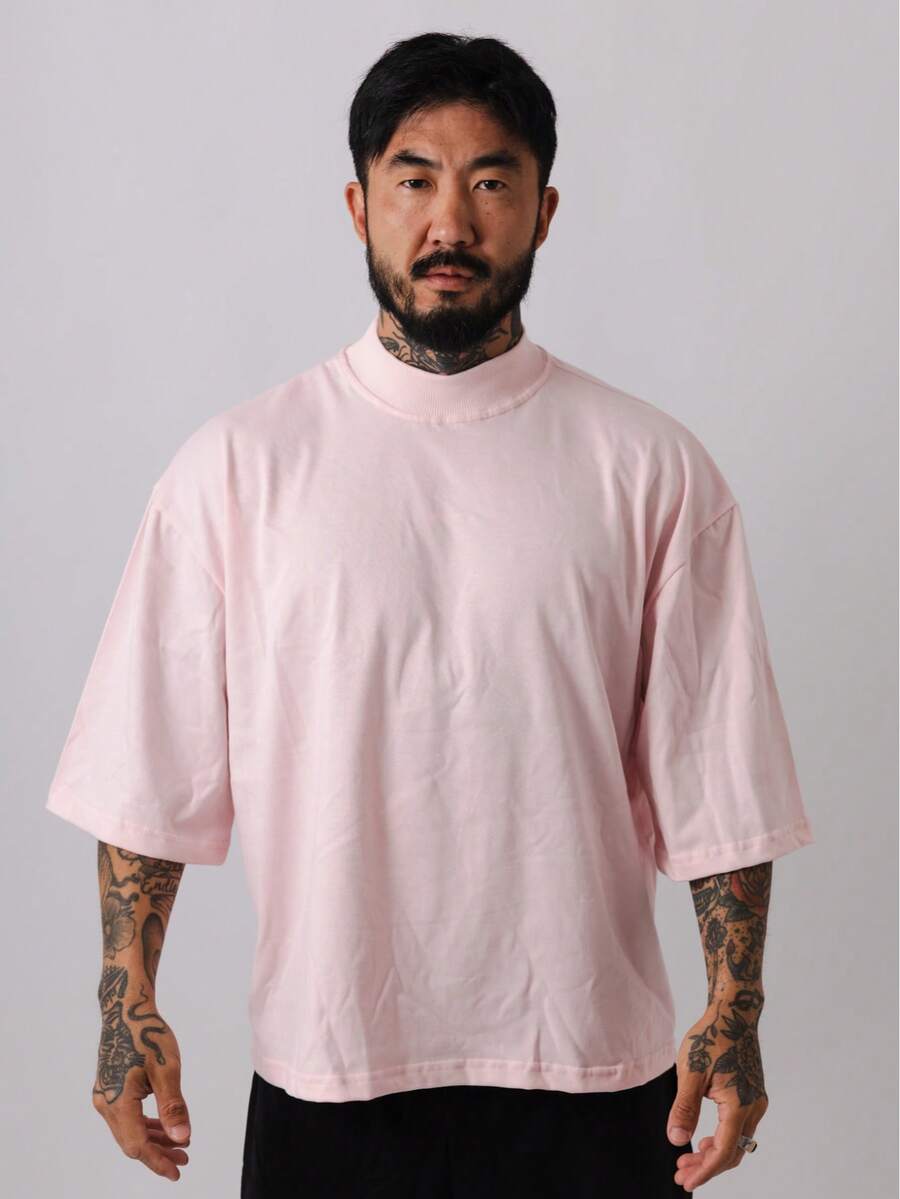 Premium High Neck Over Boxy T-Shirt - Rosa Pálido - Ver 1