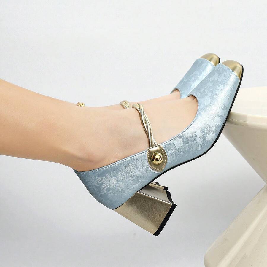 Retro Light Blue Metallic Toe Printed Buckle Chunky Heel Women's High Heels, Ankle Chain Decoration, Fashionable Women's Shoes For Summer. - Màu xanh lam - Xem 1