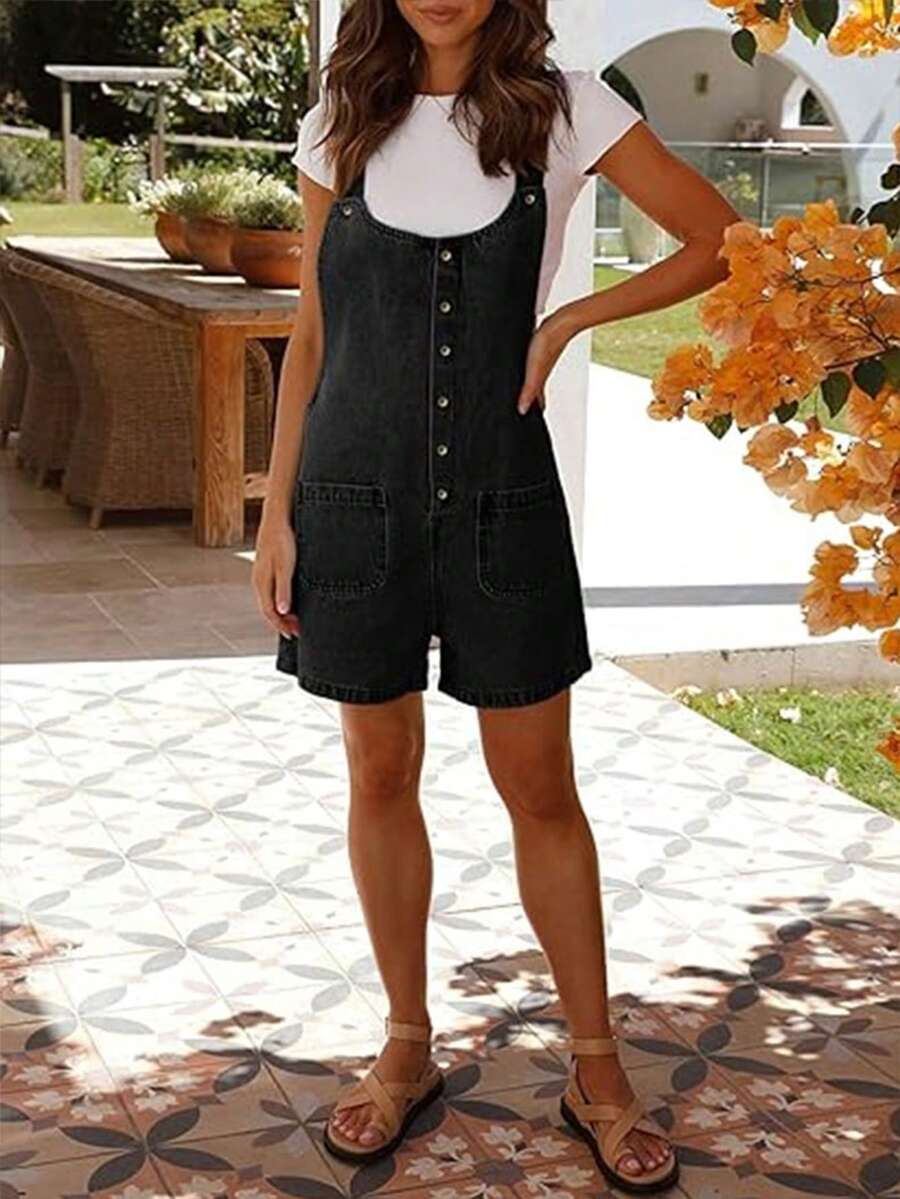 Women's Classic Denim Overalls - Button Front Shorts, Relaxed Fit, Pure Color Vintage Wash - Black - View 1