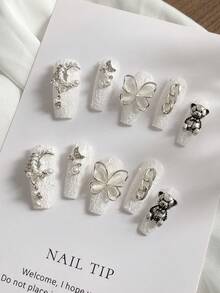 1 set de décorations vintage de style baroque en plâtre en forme de cercueil, autocollants d'art pour les ongles faits main avec un ours en peluche métallique chic, style minimaliste punk métal, convient à toutes les femmes, fêtes, anniversaires et autres occasions. Fournitures pour les ongles, faux ongles pressés à la main. - Multicolore - Voir 2