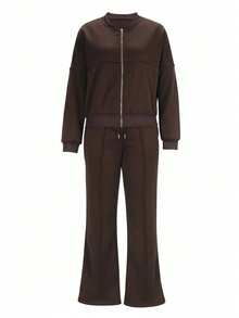 Women's Casual Solid Color Zip-Up Cardigan And Straight Leg Pants Set, Fashionable And Versatile For Daily Wear, Autumn/Winter Spring - Brown - View 8