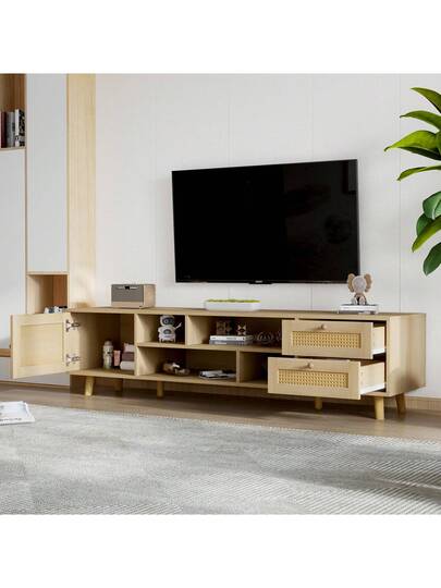High End 160cm Rattan TV St In Wood Finish 70 Inch TVs Cable Management, Drawers, Door, Unit, Base Living Room Furniture, Low view 4