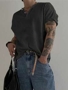 亨利领华夫格短袖T恤，男士款，轻盈透气基础款T恤，美式简约风格，四季皆宜 - 黑色 - 查看 4