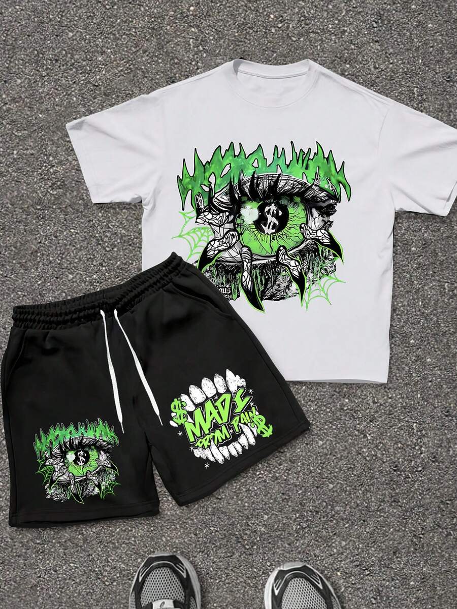 2pcs Men's Two-Piece Short Sleeved Shorts Set, Summer Men's Set T-Shirt+Shorts, Soft And Comfortable Top And Pants, Machine Washable, Dry Cleanable, High-Quality - Punk Style And - Printed Pattern Pullover And Pants, Y2K Style, Suitable For Men's Daily, Street, Outdoor Outings And Wear - White+Black((白色+黑色) - 查看 1
