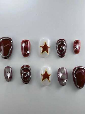 24片/套 短款椭圆形酒红色法式美甲贴片，3D立体圆圈星形图案，欧美甜美酷炫风格，全贴合亚克力假指甲，内含1片果冻胶和1片指甲锉，适合女性和女孩日常工作、学习和聚会使用。