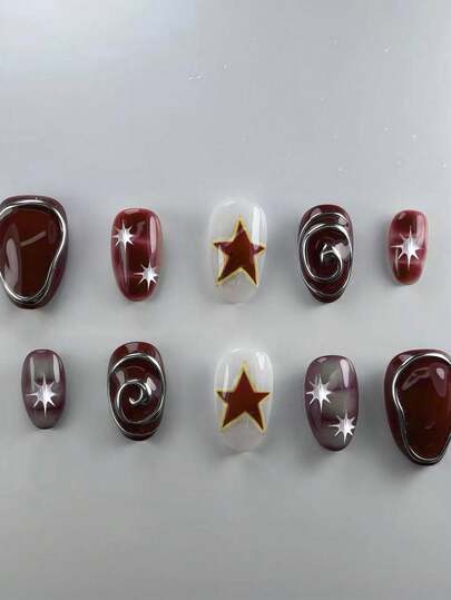 24片/套 短椭圆形酒红色法式美甲贴纸，3D圆形和星形图案，时尚甜美的欧美风格，完美适配亚克力假指甲，包含1片果冻胶和1个指甲锉，适合女性和女孩日常工作、学习和派对使用的美甲用品