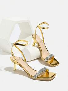 Tocuri înalte pentru femei, pantofi cu vârf pătrat placați cu aur, la modă și eleganți, cu ornamente de cristal, potriviți pentru petreceri, banchete și ocazii în aer liber, toamnă/primăvară, tocuri tip pisoi - Aur - Vizualizare 6