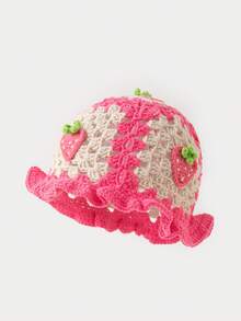 1pc Women's Fashion Hollow Strawberry Cherry Handmade Crochet Wavy Edge Knit Hat, Suitable For Autumn/Winter Daily Warmth And Travel Outfits - A - View 16