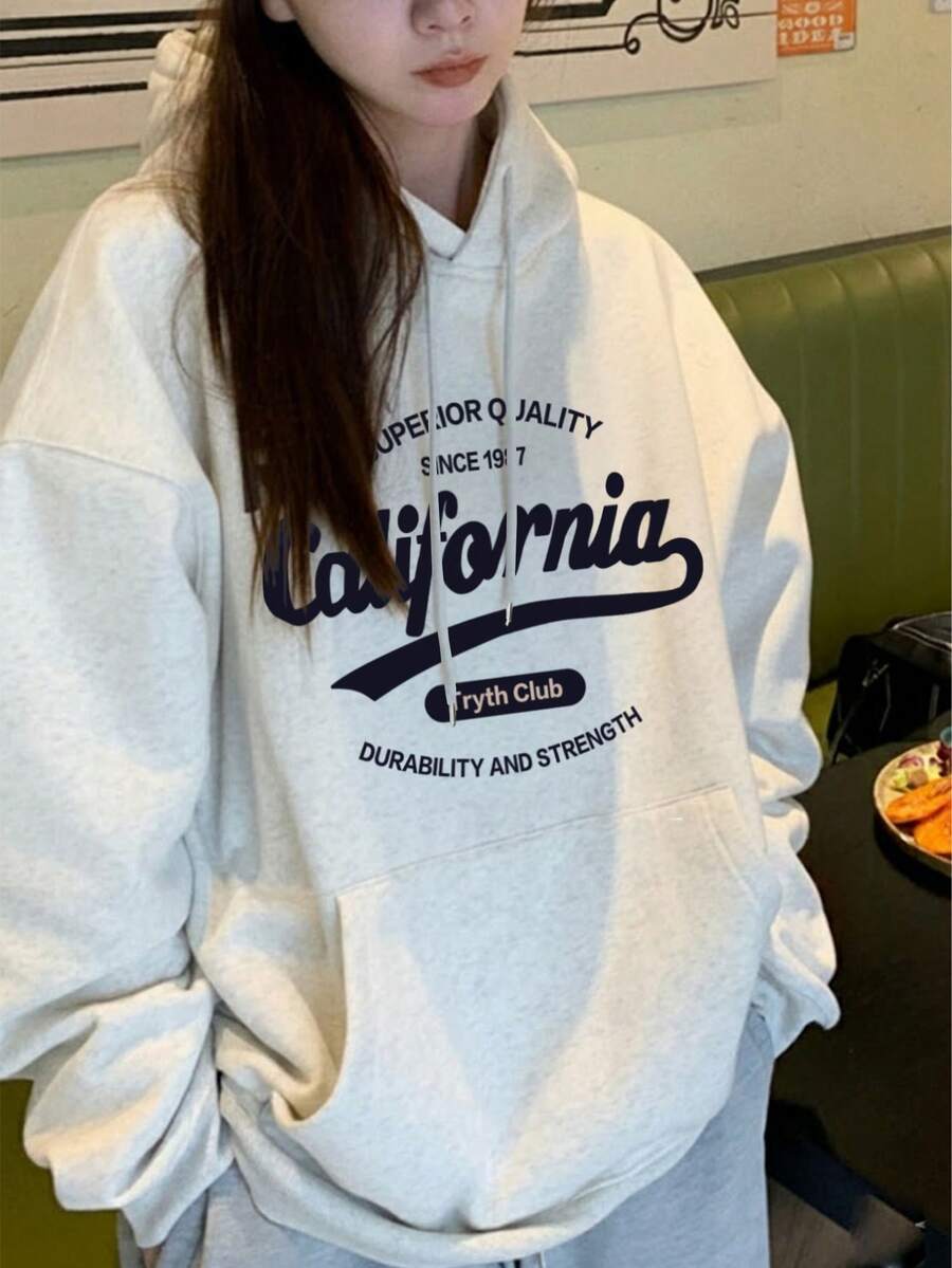 女士休闲宽松圆领抓绒卫衣，卡通字母印花，适合秋冬季穿着。 - 淺花灰 - 查看 1