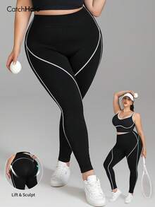 Plus Size Women Contrast Binding High Waist Workout Legging, Seamless Tummy Control Sports Yoga Pants, All Season Versatileshi Casual Daily Wear - 黑色 - 查看 2