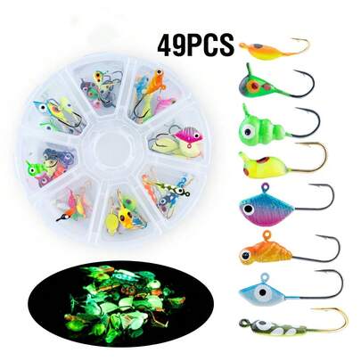 49Pcs Ice Fishing Lure 0.6-2.2g Artificial Jig Head Hooks Luminous Ice Fishing Lure Bait Kit For Bass