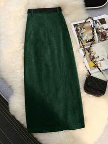 EARO 秋冬休闲百搭街头灯芯绒高腰松紧腰A字裙，时尚优雅设计，及膝 - 綠色 - 查看 2