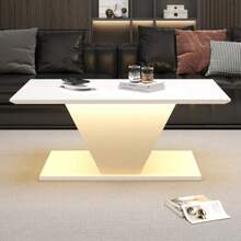 100*50*46cm Special Shape Coffee Table, Coffee Table With LED Lights, High Gloss Living Room Table, Sofa Table, Side Table, Suitable For Small Spaces, White, V-Shaped - White - View 2