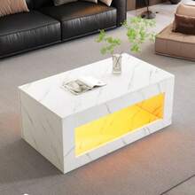 Modern LED Coffee Table, Living Room Coffee Table, Sofa Side Table, Lounge Table, High Brightness Coffee Table With Remote Control, Large Coffee Table With Marble Print (White) - White - View 3