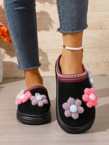1 Pair Retro Fluffy Flower Mule Slippers, Floral Print Cute Fabric Applique House Slippers, Suitable For Autumn/Winter - Black - View 3