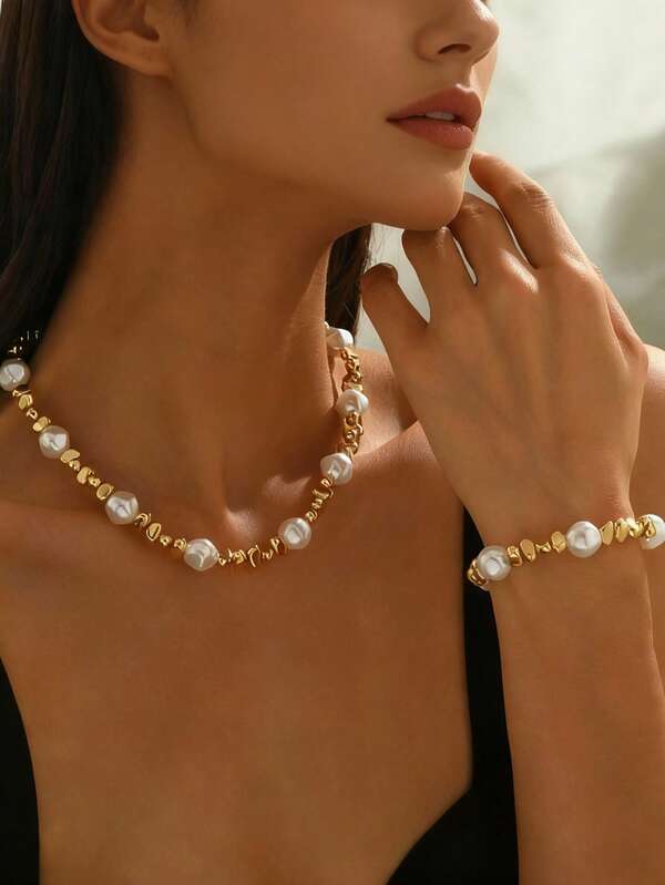 Fashionable Exquisite Asymmetrical Pearl Beaded Bracelet & Necklace Jewelry Set For Women