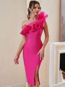 Women's Elegant One-Shoulder Bandage Dress With Luxurious Ruffle Trim And High Slit, Suitable For Parties, Dates And Cocktail Events - Hot Pink - View 5