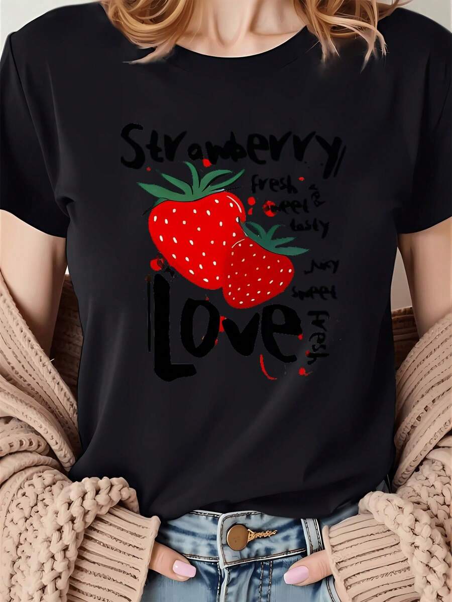 Camiseta casual para mujer con estampado de fresas "LOVE" - Mezcla de 100% algodón suave y elástico, cuello redondo, manga corta, ideal para primavera y verano, ropa casual | Estampado juguetón | Elástica