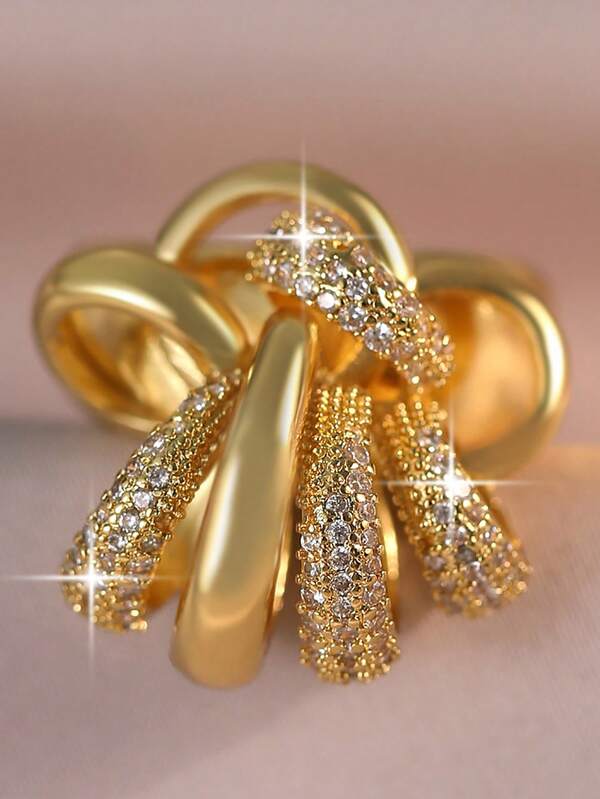 1 pieza Anillo de compromiso glamoroso con nudo retorcido y circonita cúbica, diseño floral único y ajustable, adecuado para banquetes, bailes de graduación, fiestas, regalo de aniversario