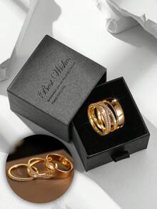 3pcs/Set Cubic Zirconia Gold Color Ring Set, Women's Party & Daily Jewelry Combo, Suitable For Holiday Gifts - Gold - View 15