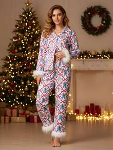 Womens 2 Piece Christmas Pajama Set Long Sleeve Bow Print Shirt + Pants Set Loungewear - Blanco - Ver 5
