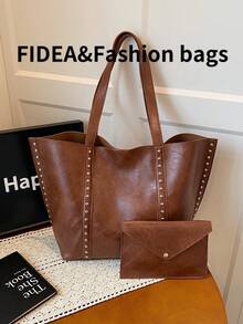 Bolso de hombro de gran capacidad de moda para mujer, bolso versátil de alta calidad con remaches de unicolor vintage elegante, adecuado para viajes, compras, ir al trabajo - Marrón - Ver 3