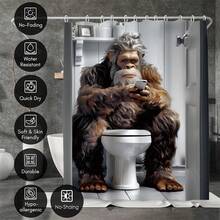 1pc High Quality Furry Monster Pattern Shower Curtain, Gorilla Playing With Phone, Gorilla Playing With Phone On Toilet Shower Curtain Waterproof And Mildew Resistant, Machine Washable, Made Of Polyester, Non-Light-Blocking, Lightweight And Breathable. Color May Vary Slightly Depending On Lighting Conditions. Includes 12 Hooks - Artistic Bathroom Decor. - Multicolor - View 4