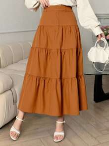 ZALLA Long Skirt With Lining, 3 Tiers, Ruffles And Elastic Back | Comfortable And Versatile - Marrón - Ver 1