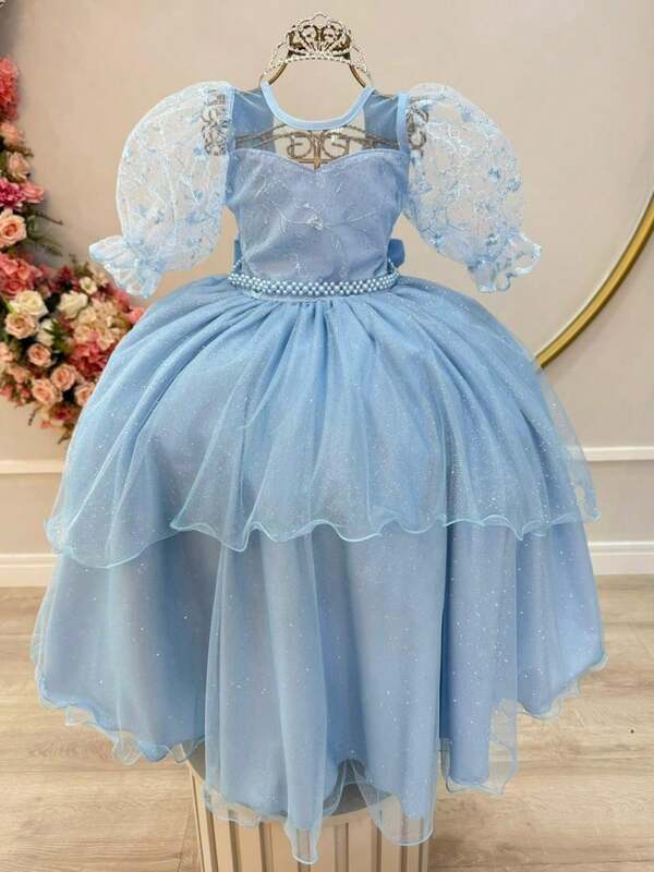 Vestido Infantil Azul Bebe Busto C/ Renda Daminhas Festas Luxo