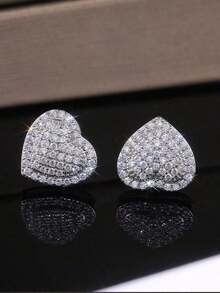 1pair Fashionable Heart Shaped  Stone Stud Earrings, Minimalist Design, Suitable Festivals, Parties, Bestie Gifts, Formal Dress Accessories Or Daily Wear - Bạc - Xem 3