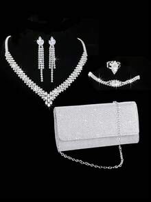 Modna, uniwersalna, elegancka i luksusowa torebka damska, torebka na imprezę, naszyjnik z kryształami, kolczyki, bransoletka, pierścionek, 5-częściowy zestaw biżuterii
