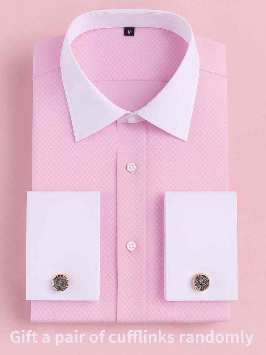 1pc Men's French Cuff Long Sleeve Formal Dress Shirt, Groom & Groomsman Wedding Party Attire, Comes With Random Cufflinks - 粉色 - 查看 1