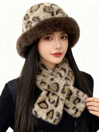 2件套女士仿兔毛帽子围巾套装，秋冬季毛绒渔夫帽和保暖围巾，时尚高端