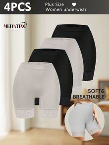 MEIYATING 4pcs Plus Size High Waist Shaping Briefs, Seamless Lace Trim Shorts, Anti-Chafing Safety Pants For Women