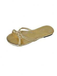 Women's Stylish Knot - Accent Slide Sandals, Open Toe, Flat Heel, Chic Style, Gold, Faux Leather Material, Summer Daily & Party Shoes - 金色 - 查看 2