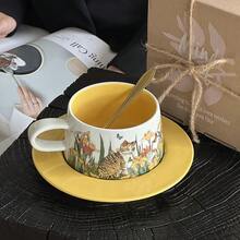 かわいい猫のセラミックコーヒーカップ、朝食オートミールミルクカップ、家庭用ドリンクカップ、ラテカップのセット - キャットストーリー コーヒーカップ&ソーサー - イエロー - チェックする 3
