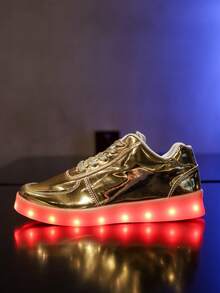 USB充电式LED 16种模式彩色灯光休闲运动鞋，男女通用，发光运动鞋，适合荧光舞蹈、街舞、夜店等场合，成人款，纯色平底鞋，切尔西靴，金属色鞋款 - 金色 - 查看 7