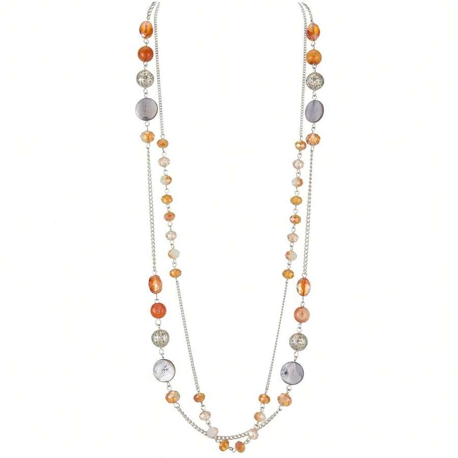 Noessla Layered Long Necklaces For Women Crystal Beaded Statement Necklace Sweater Silver Chain With Gifts Box Jewelry{Inchcolor_nameinch:InchOrangeinch} - 橘色 - 查看 1