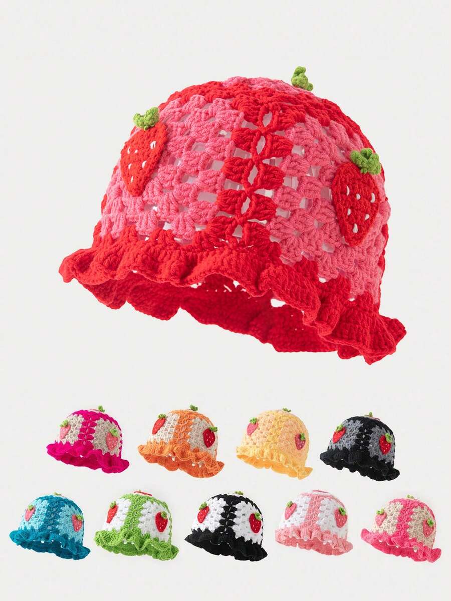 1pc Women's Fashion Hollow Strawberry Cherry Handmade Crochet Wavy Edge Knit Hat, Suitable For Autumn/Winter Daily Warmth And Travel Outfits - A - View 1