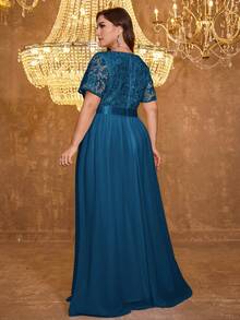 XUIBOL 高品质弹力优雅雪纺刺绣拼接超修身大码V领晚礼服，适合约会、婚礼、派对、生日、周年纪念、鸡尾酒会、正式晚宴、婚礼宾客、单身派对、假期、夏秋季等场合。 - 水鴨藍 - 查看 4